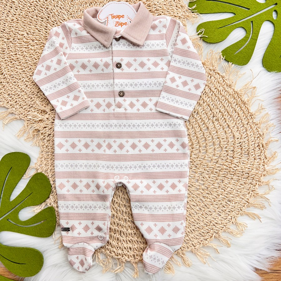 Macacão Tricotil (Tricot 100% Algodão) com Gola e Estampa Digital - Areia com Losango Macacão Tricotil (Tricot 100% Algodão) com Gola e Estampa Digital - Areia com Losango